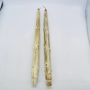Pair Of MCM Vintage Wood Faux Drip Candlesticks Antique White/Gold 12"